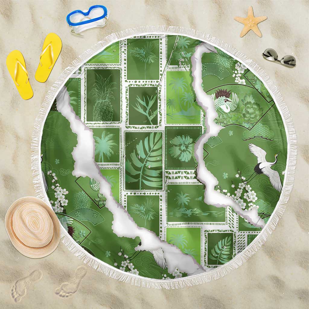 Hawaii Japanese Culture Sage Green Beach Blanket Spring Cranes Aloha Pattern LT01 One Size 150cm Sage - Polynesian Pride