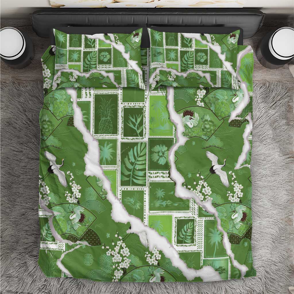 Hawaii Japanese Culture Sage Green Bedding Set Spring Cranes Aloha Pattern LT01 Sage - Polynesian Pride