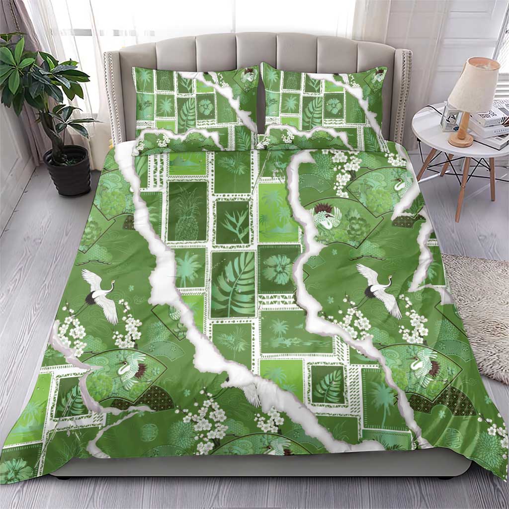Hawaii Japanese Culture Sage Green Bedding Set Spring Cranes Aloha Pattern LT01 - Polynesian Pride