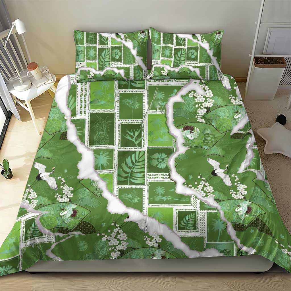 Hawaii Japanese Culture Sage Green Bedding Set Spring Cranes Aloha Pattern LT01 - Polynesian Pride