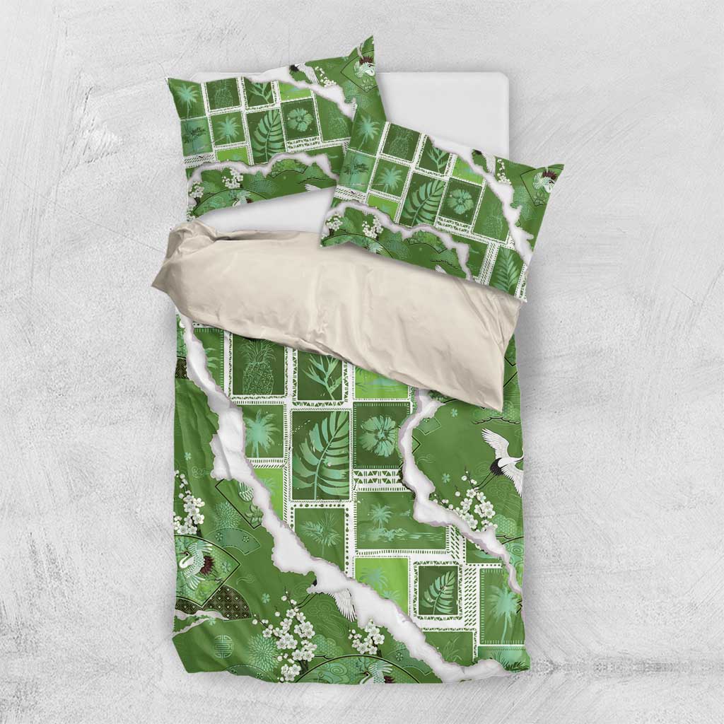 Hawaii Japanese Culture Sage Green Bedding Set Spring Cranes Aloha Pattern LT01 US Twin 172cm x 218cm Sage - Polynesian Pride