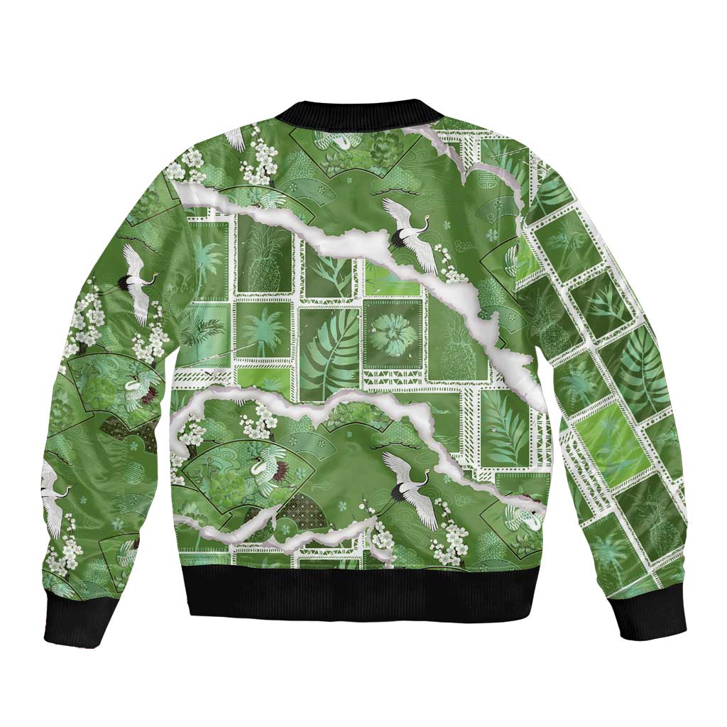 Hawaii Japanese Culture Sage Green Bomber Jacket Spring Cranes Aloha Pattern LT01 - Polynesian Pride
