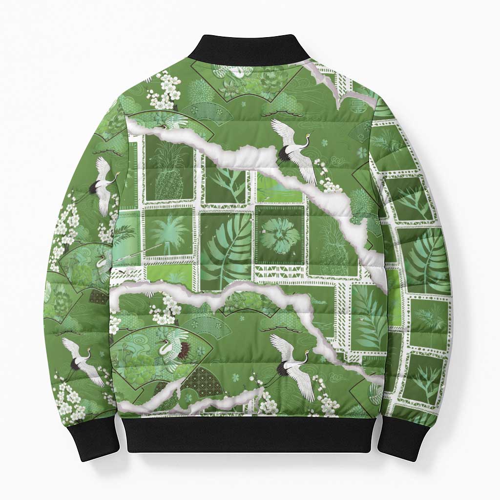 Hawaii Japanese Culture Sage Green Bomber Puffer Jacket Spring Cranes Aloha Pattern LT01 - Polynesian Pride