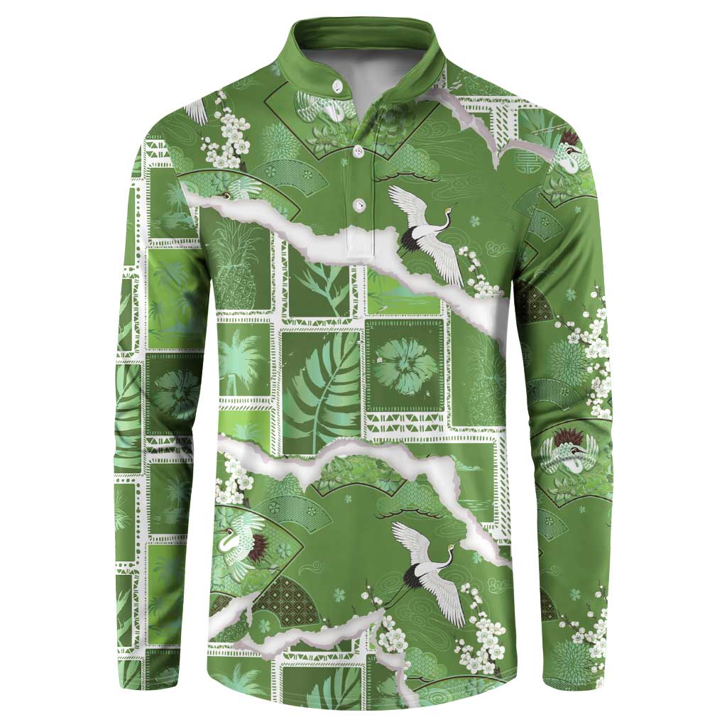 Hawaii Japanese Culture Sage Green Button Sweatshirt Spring Cranes Aloha Pattern LT01 Sage - Polynesian Pride