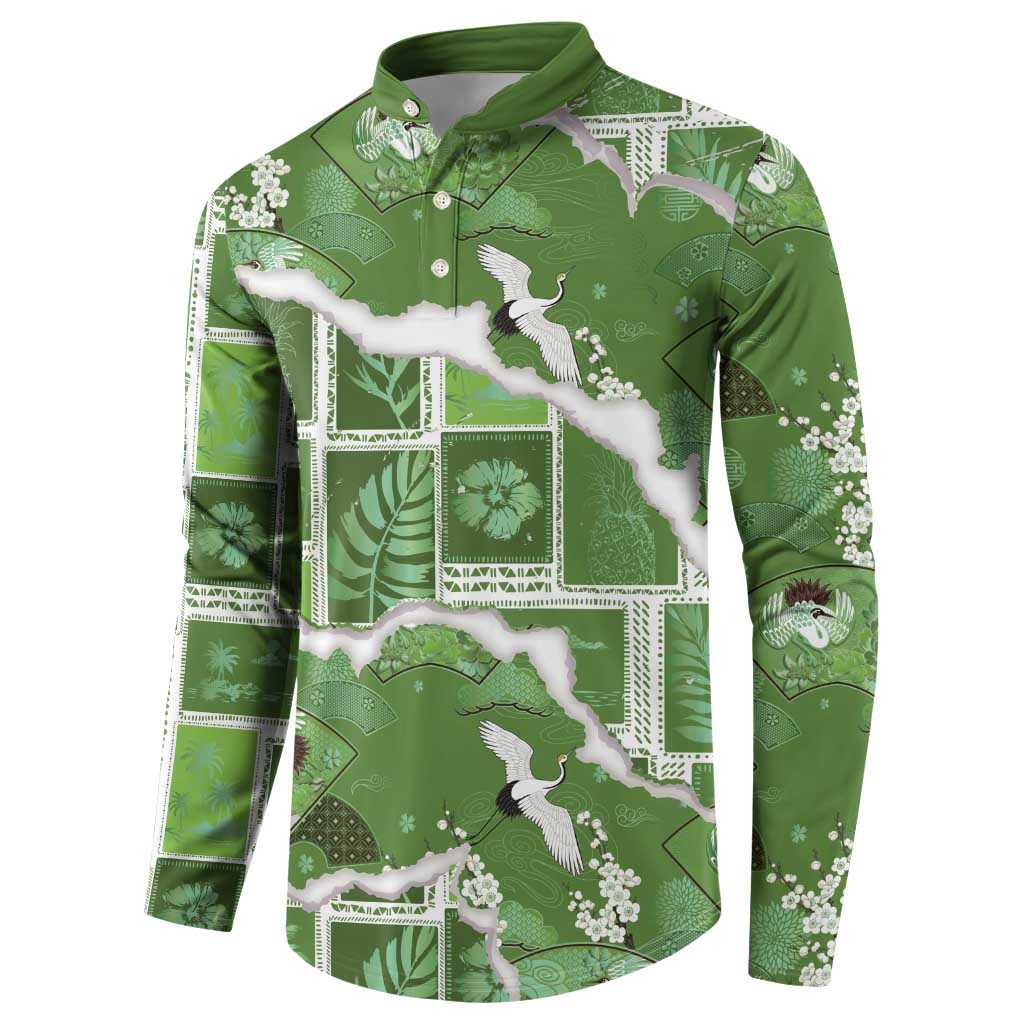Hawaii Japanese Culture Sage Green Button Sweatshirt Spring Cranes Aloha Pattern LT01 - Polynesian Pride