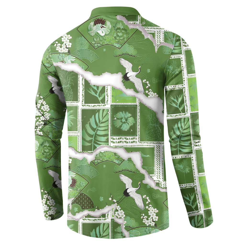 Hawaii Japanese Culture Sage Green Button Sweatshirt Spring Cranes Aloha Pattern LT01 - Polynesian Pride