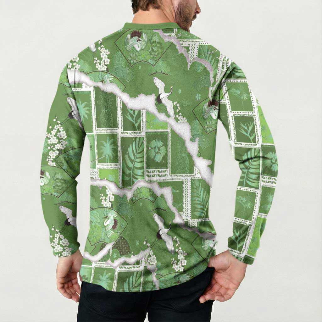 Hawaii Japanese Culture Sage Green Button Sweatshirt Spring Cranes Aloha Pattern LT01 - Polynesian Pride