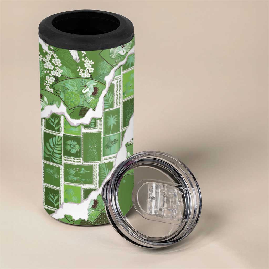 Hawaii Japanese Culture Sage Green 4 in 1 Can Cooler Tumbler Spring Cranes Aloha Pattern LT01 - Polynesian Pride