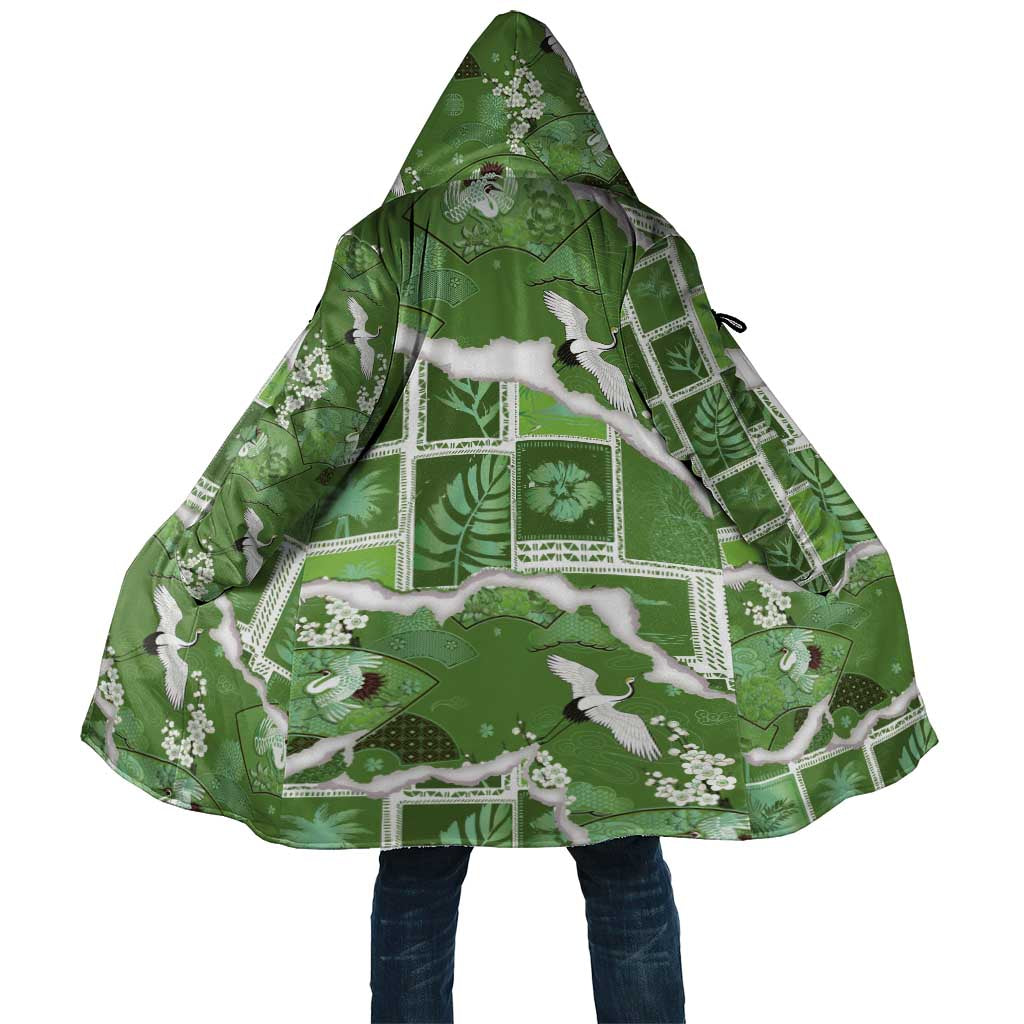Hawaii Japanese Culture Sage Green Cloak Spring Cranes Aloha Pattern