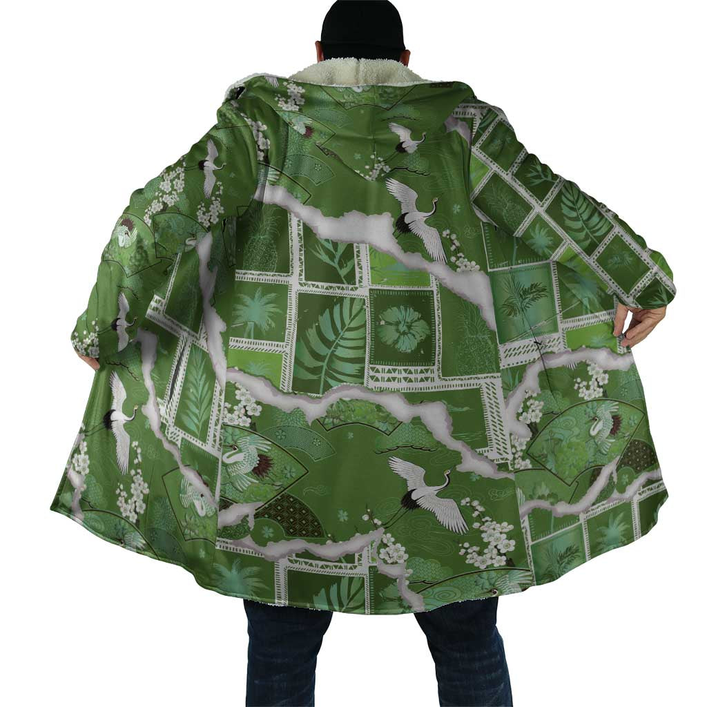 Hawaii Japanese Culture Sage Green Cloak Spring Cranes Aloha Pattern