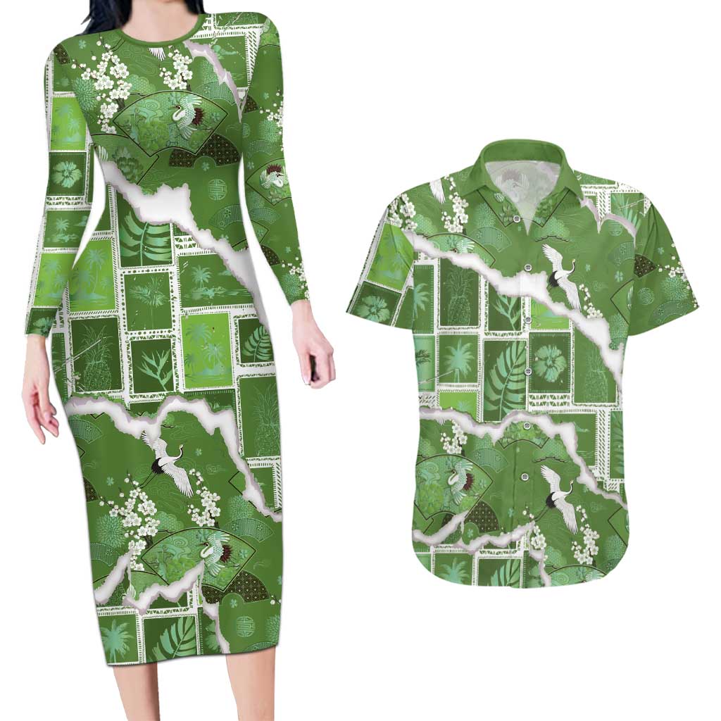 Hawaii Japanese Culture Sage Green Couples Matching Long Sleeve Bodycon Dress and Hawaiian Shirt Spring Cranes Aloha Pattern LT01 Sage - Polynesian Pride