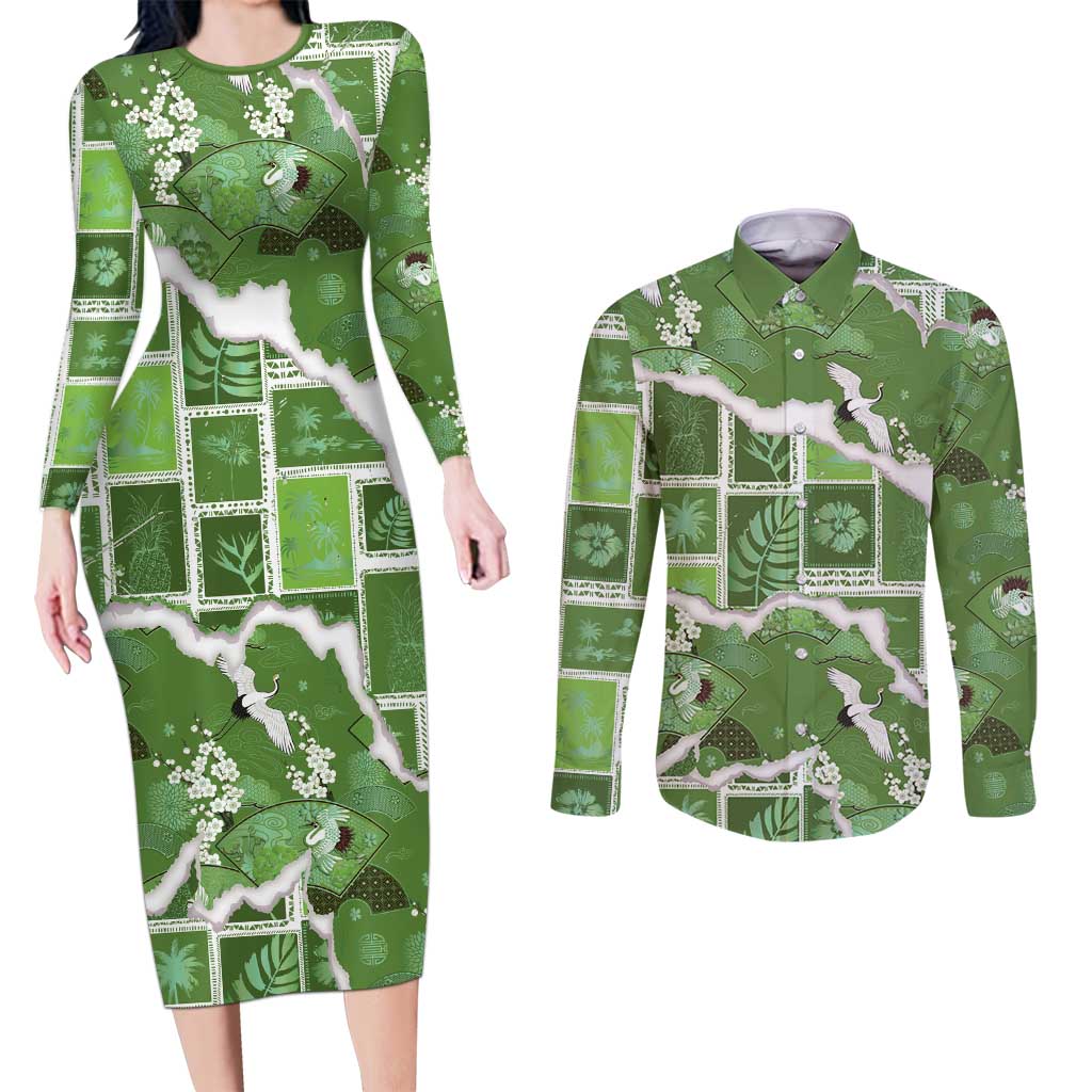 Hawaii Japanese Culture Sage Green Couples Matching Long Sleeve Bodycon Dress and Long Sleeve Button Shirt Spring Cranes Aloha Pattern LT01 Sage - Polynesian Pride