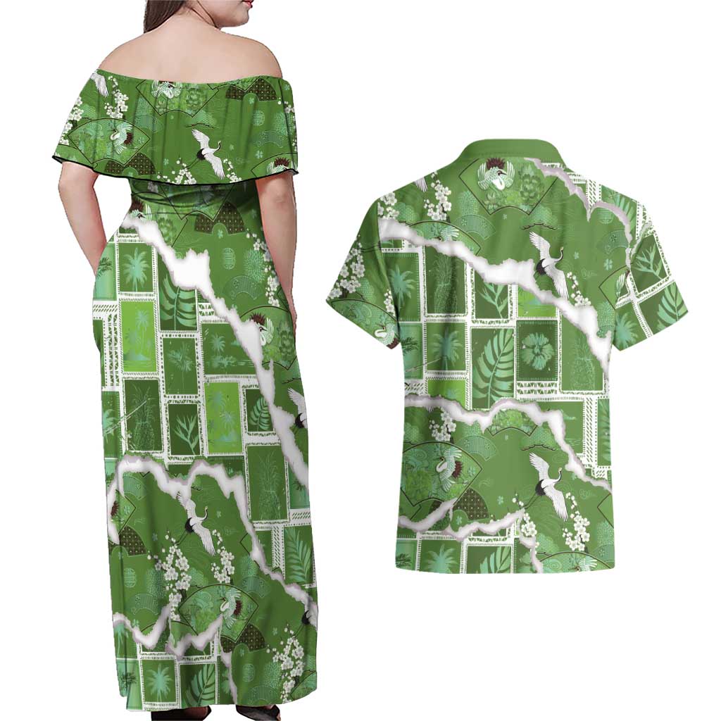 Hawaii Japanese Culture Sage Green Couples Matching Off Shoulder Maxi Dress and Hawaiian Shirt Spring Cranes Aloha Pattern
