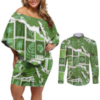 Hawaii Japanese Culture Sage Green Couples Matching Off Shoulder Short Dress and Long Sleeve Button Shirt Spring Cranes Aloha Pattern LT01 Sage - Polynesian Pride