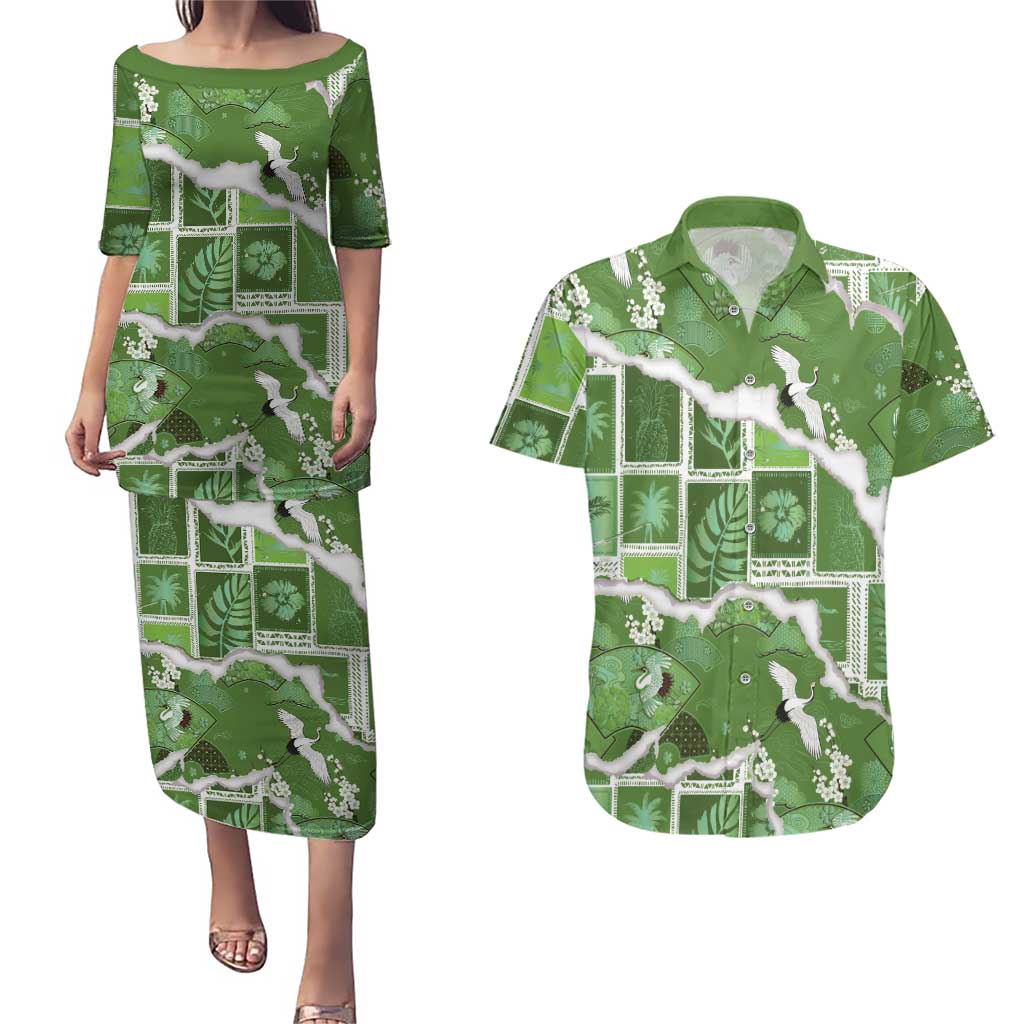 Hawaii Japanese Culture Sage Green Couples Matching Puletasi and Hawaiian Shirt Spring Cranes Aloha Pattern LT01 Sage - Polynesian Pride