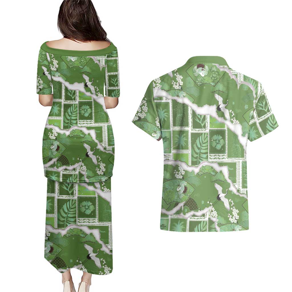 Hawaii Japanese Culture Sage Green Couples Matching Puletasi and Hawaiian Shirt Spring Cranes Aloha Pattern LT01 - Polynesian Pride