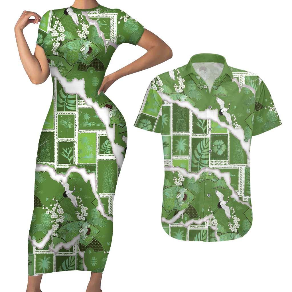 Hawaii Japanese Culture Sage Green Couples Matching Short Sleeve Bodycon Dress and Hawaiian Shirt Spring Cranes Aloha Pattern