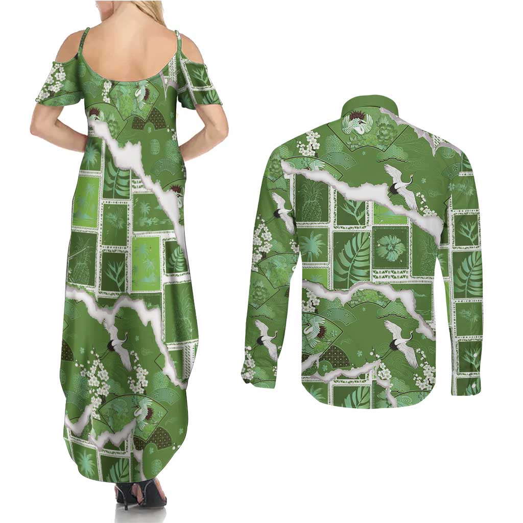 Hawaii Japanese Culture Sage Green Couples Matching Summer Maxi Dress and Long Sleeve Button Shirt Spring Cranes Aloha Pattern LT01 - Polynesian Pride