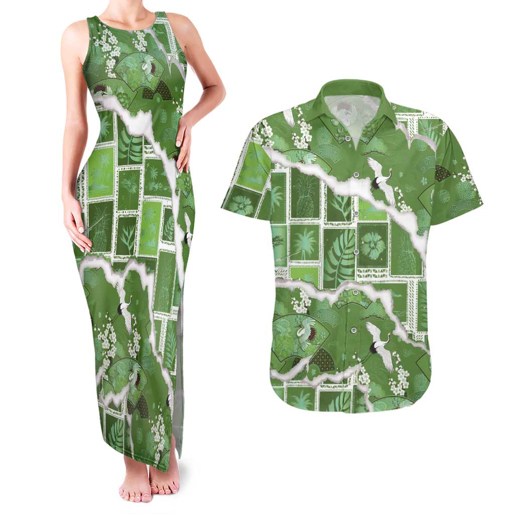Hawaii Japanese Culture Sage Green Couples Matching Tank Maxi Dress and Hawaiian Shirt Spring Cranes Aloha Pattern LT01 Sage - Polynesian Pride