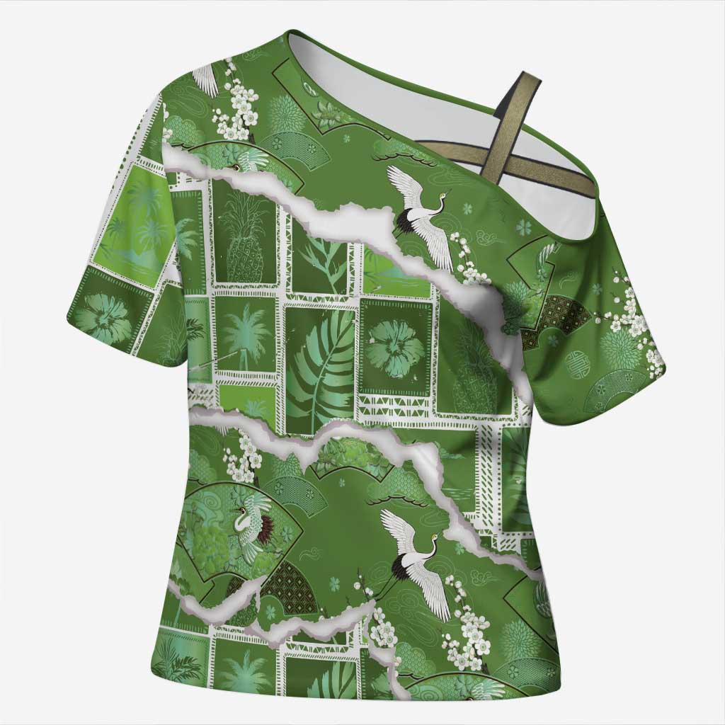 Hawaii Japanese Culture Sage Green Cross Shoulder Shirt Spring Cranes Aloha Pattern LT01 Female Sage - Polynesian Pride