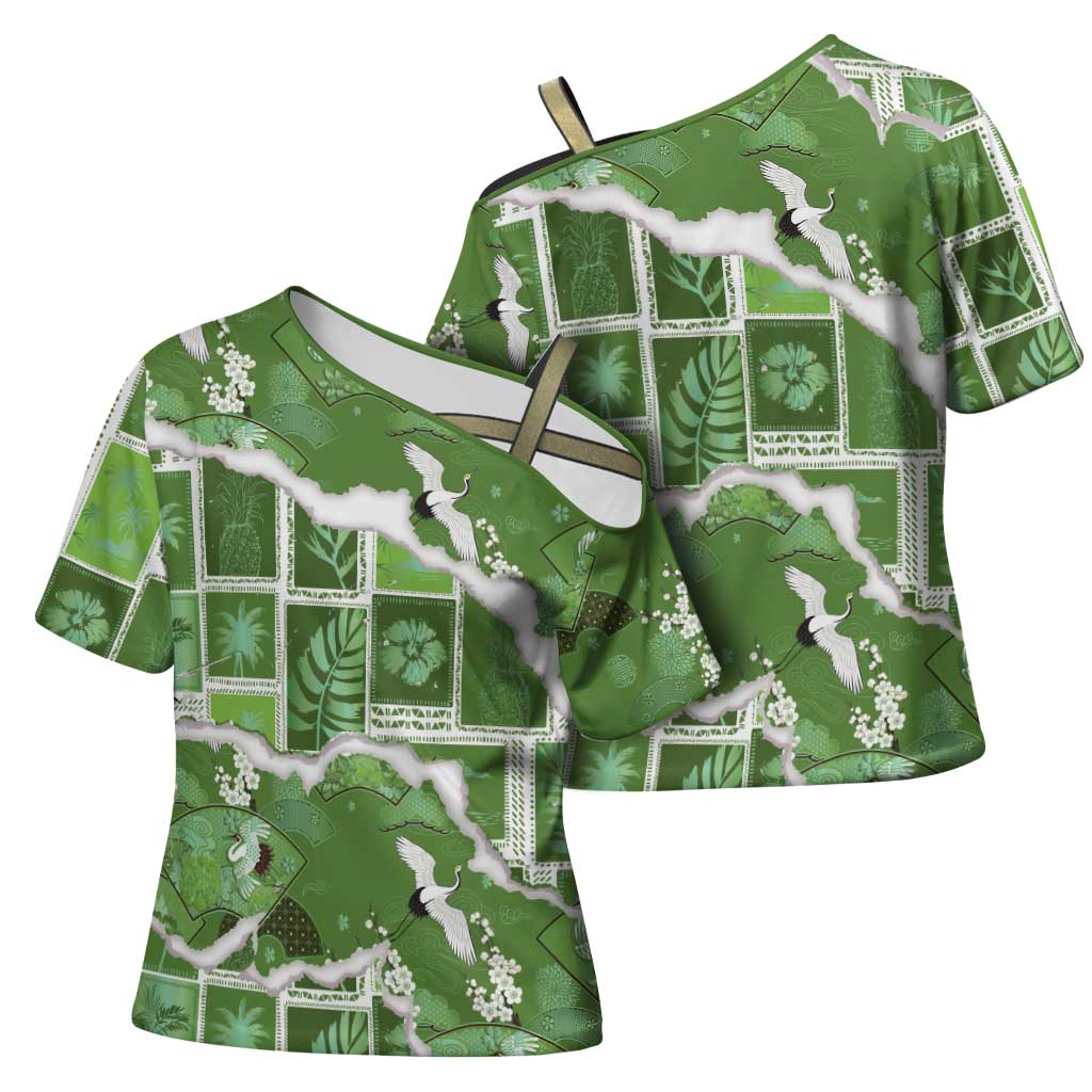 Hawaii Japanese Culture Sage Green Cross Shoulder Shirt Spring Cranes Aloha Pattern LT01 - Polynesian Pride