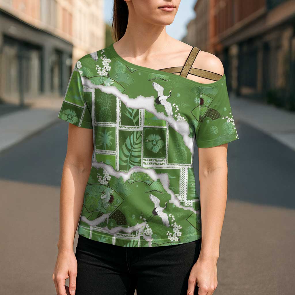 Hawaii Japanese Culture Sage Green Cross Shoulder Shirt Spring Cranes Aloha Pattern LT01 - Polynesian Pride