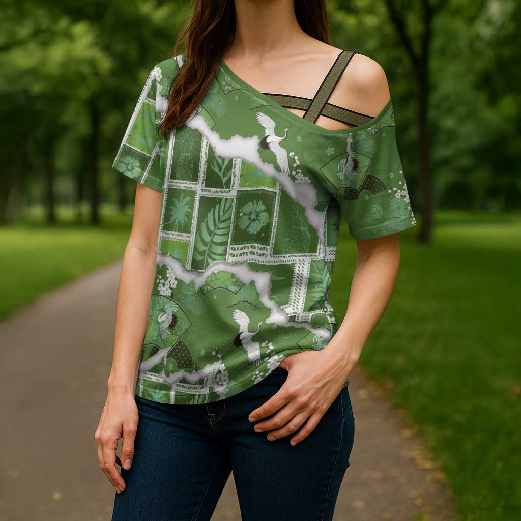 Hawaii Japanese Culture Sage Green Cross Shoulder Shirt Spring Cranes Aloha Pattern LT01 - Polynesian Pride