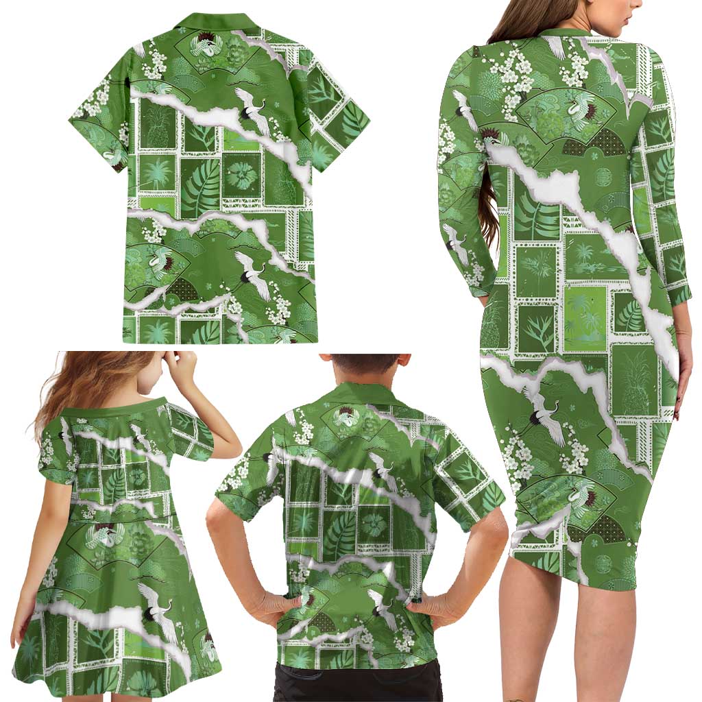 Hawaii Japanese Culture Sage Green Family Matching Long Sleeve Bodycon Dress and Hawaiian Shirt Spring Cranes Aloha Pattern