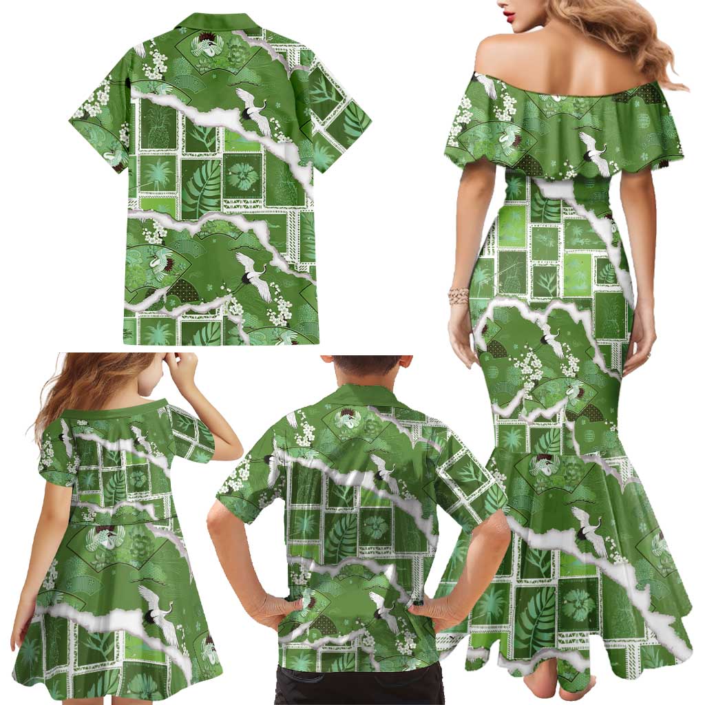 Hawaii Japanese Culture Sage Green Family Matching Mermaid Dress and Hawaiian Shirt Spring Cranes Aloha Pattern