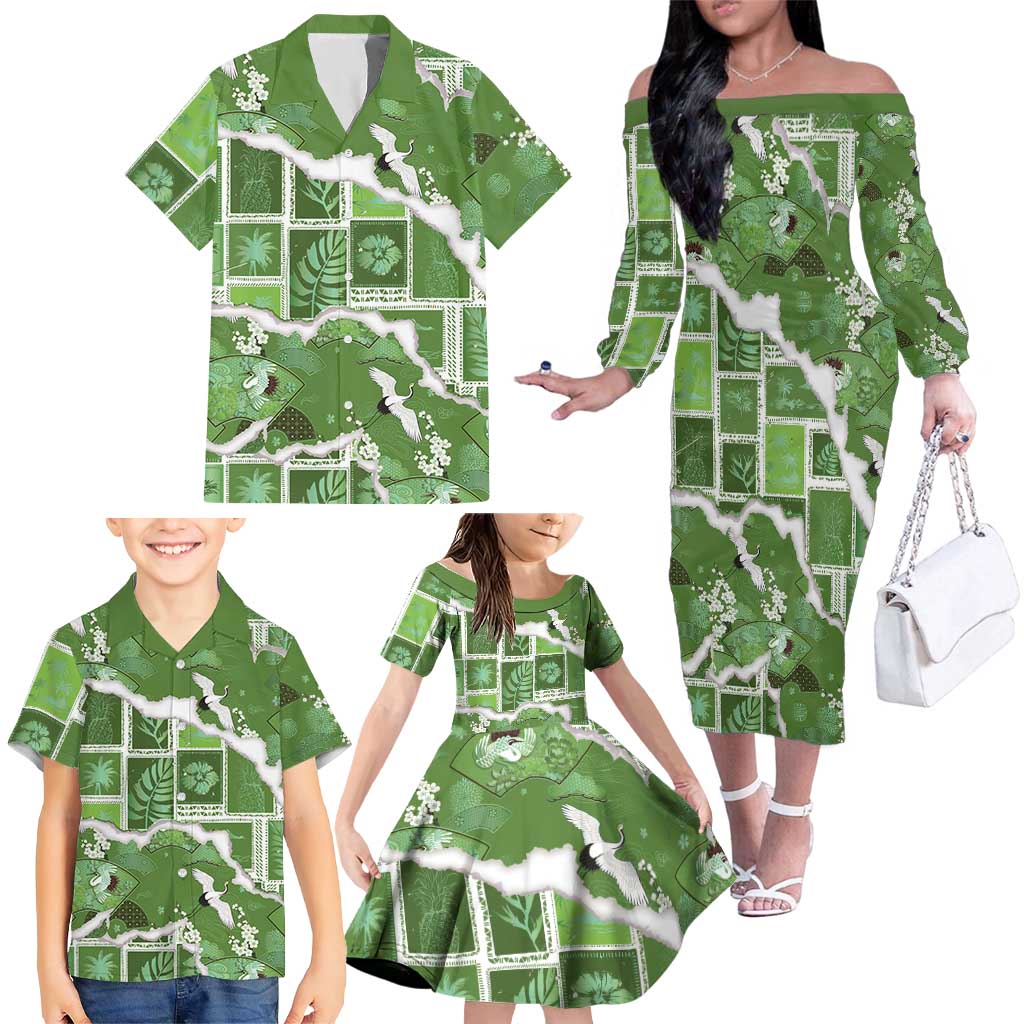 Hawaii Japanese Culture Sage Green Family Matching Off The Shoulder Long Sleeve Dress and Hawaiian Shirt Spring Cranes Aloha Pattern