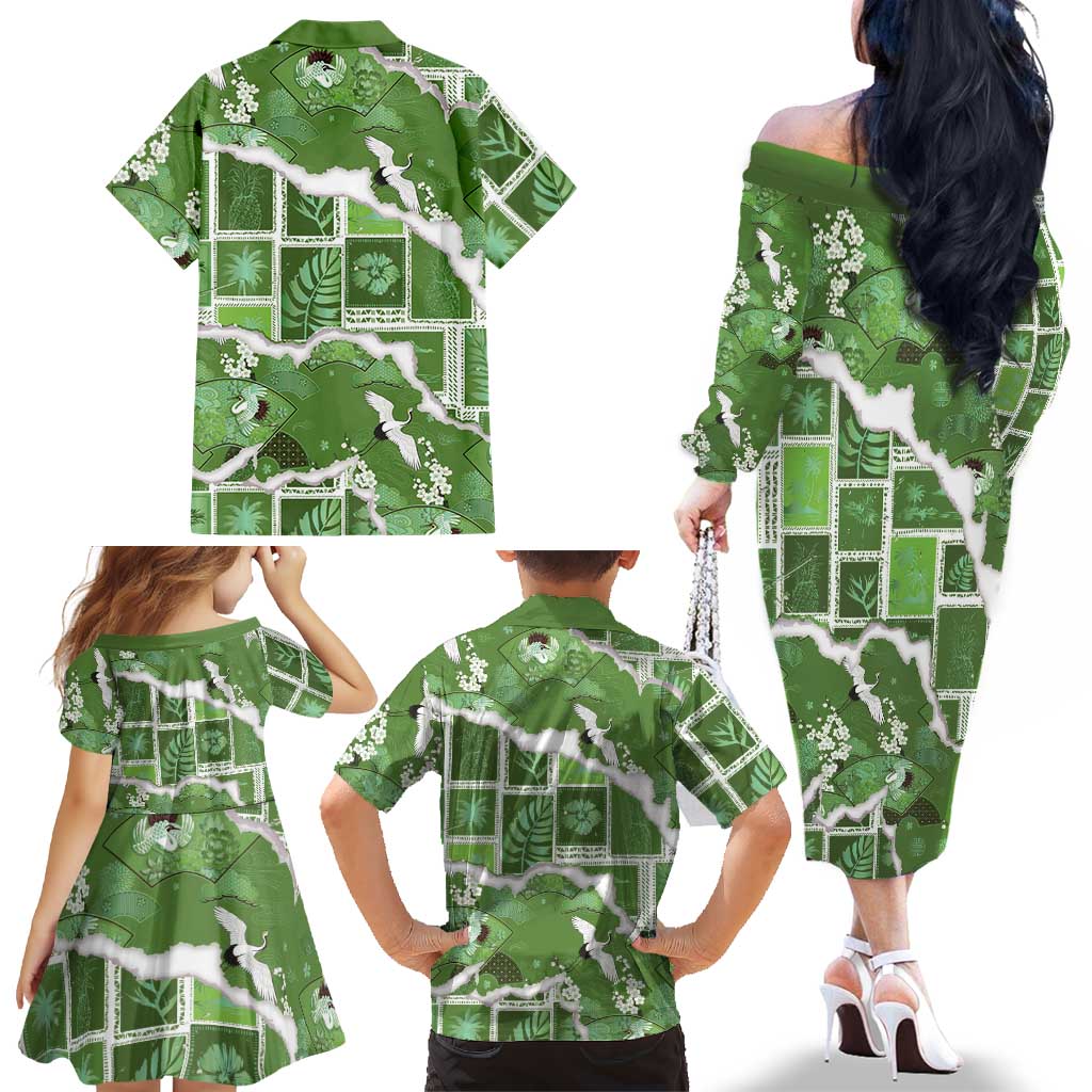 Hawaii Japanese Culture Sage Green Family Matching Off The Shoulder Long Sleeve Dress and Hawaiian Shirt Spring Cranes Aloha Pattern