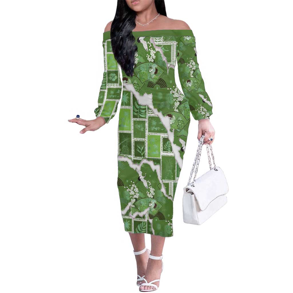 Hawaii Japanese Culture Sage Green Family Matching Off The Shoulder Long Sleeve Dress and Hawaiian Shirt Spring Cranes Aloha Pattern