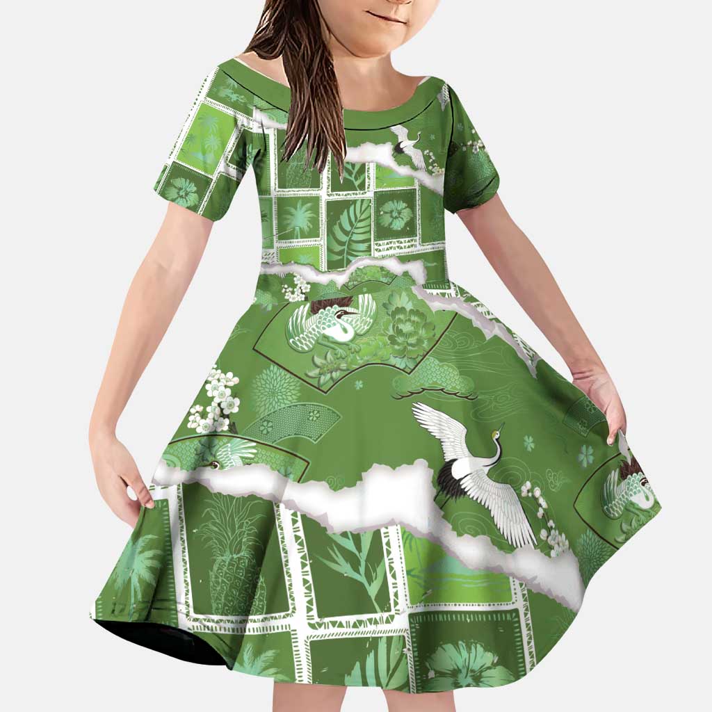 Hawaii Japanese Culture Sage Green Family Matching Off Shoulder Maxi Dress and Hawaiian Shirt Spring Cranes Aloha Pattern