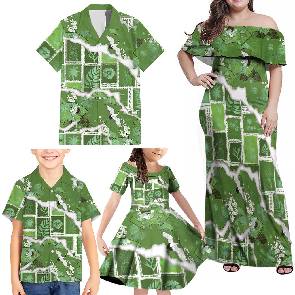 Hawaii Japanese Culture Sage Green Family Matching Off Shoulder Maxi Dress and Hawaiian Shirt Spring Cranes Aloha Pattern LT01 - Polynesian Pride