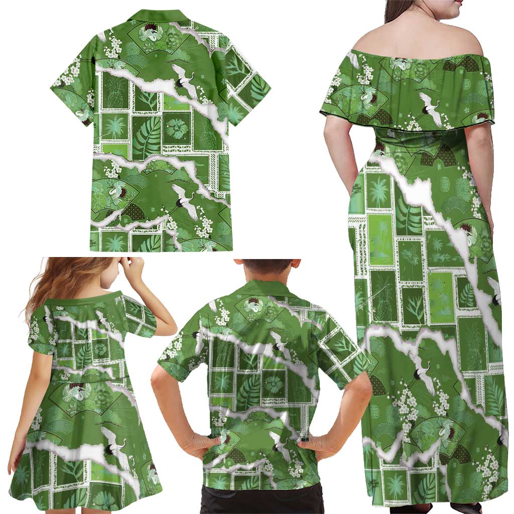Hawaii Japanese Culture Sage Green Family Matching Off Shoulder Maxi Dress and Hawaiian Shirt Spring Cranes Aloha Pattern