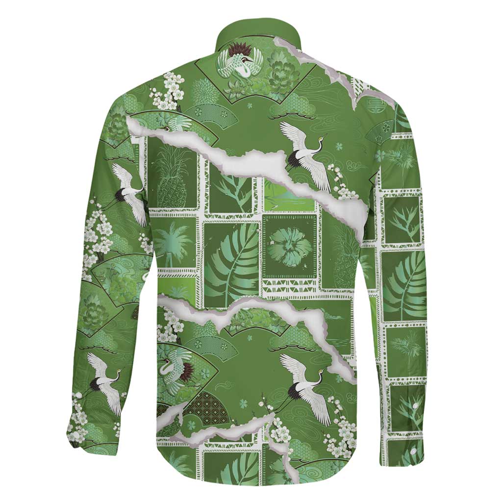 Hawaii Japanese Culture Sage Green Family Matching Off Shoulder Maxi Dress and Hawaiian Shirt Spring Cranes Aloha Pattern