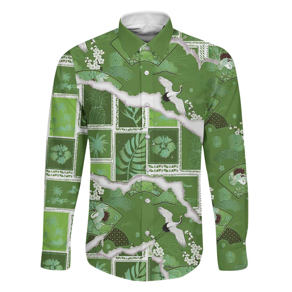 Hawaii Japanese Culture Sage Green Family Matching Off Shoulder Short Dress and Hawaiian Shirt Spring Cranes Aloha Pattern