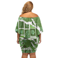 Hawaii Japanese Culture Sage Green Family Matching Off Shoulder Short Dress and Hawaiian Shirt Spring Cranes Aloha Pattern