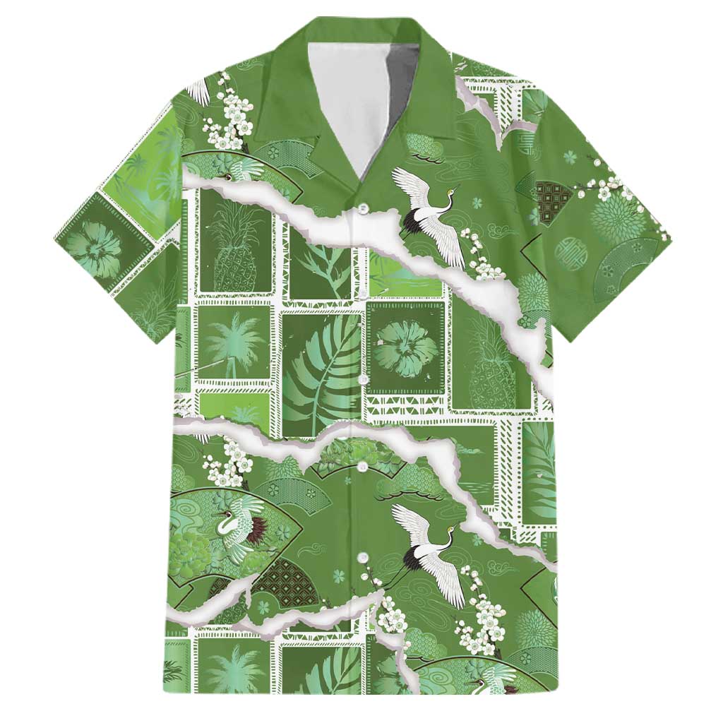 Hawaii Japanese Culture Sage Green Family Matching Summer Maxi Dress and Hawaiian Shirt Spring Cranes Aloha Pattern