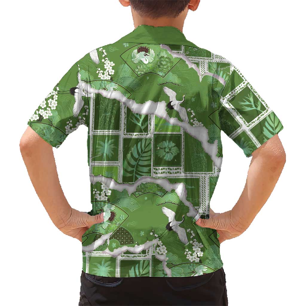 Hawaii Japanese Culture Sage Green Family Matching Tank Maxi Dress and Hawaiian Shirt Spring Cranes Aloha Pattern