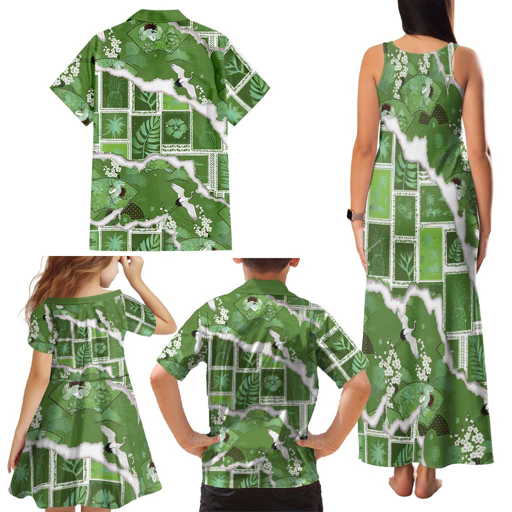 Hawaii Japanese Culture Sage Green Family Matching Tank Maxi Dress and Hawaiian Shirt Spring Cranes Aloha Pattern