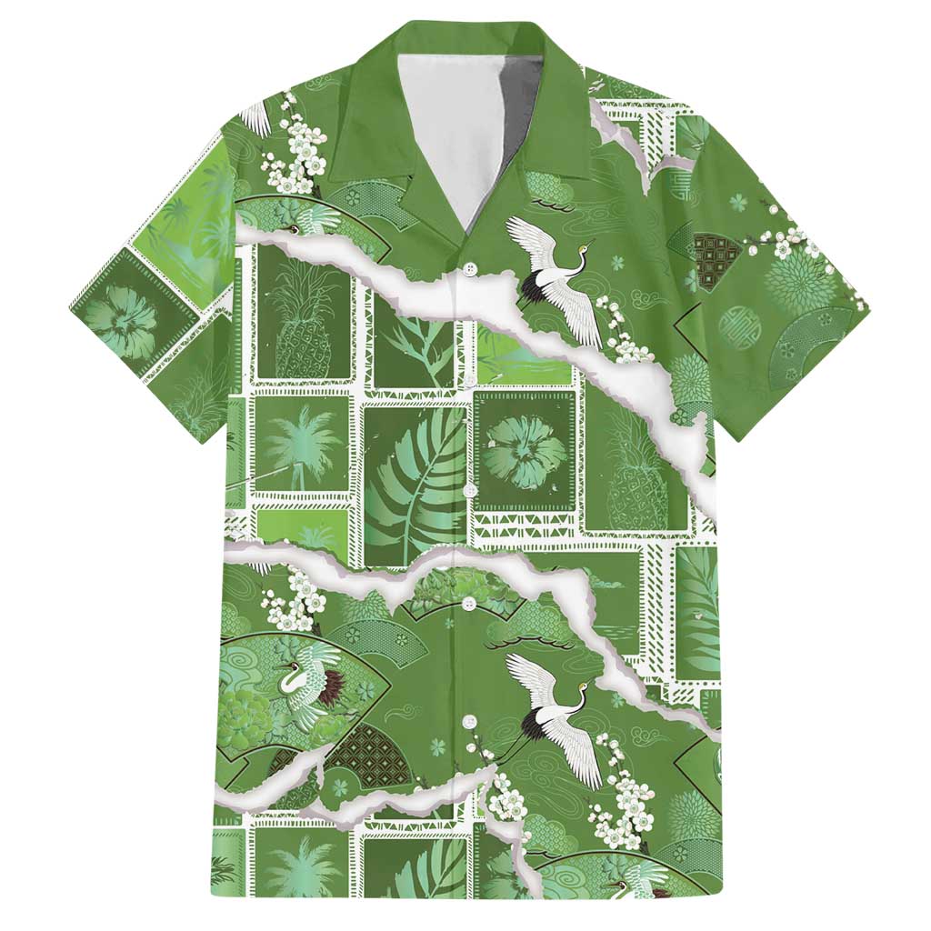 Hawaii Japanese Culture Sage Green Hawaiian Shirt Spring Cranes Aloha Pattern