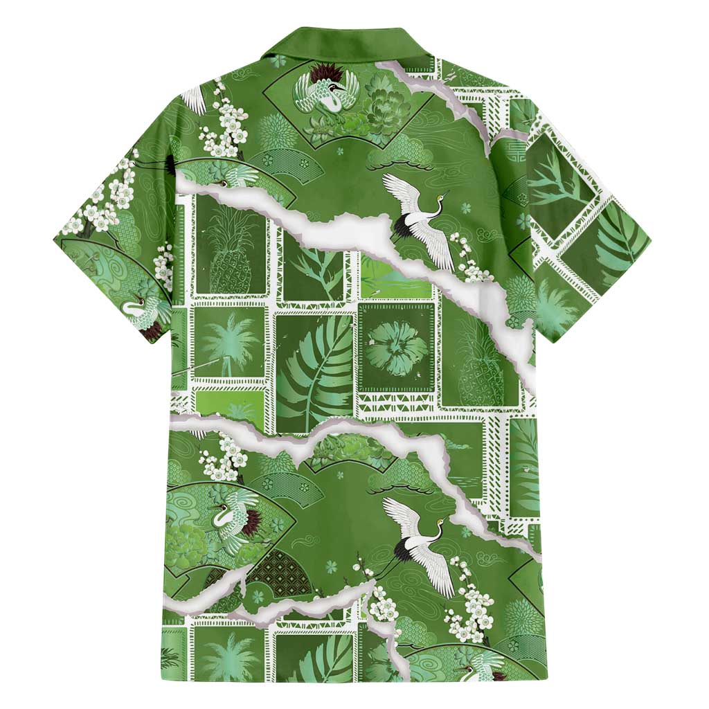 Hawaii Japanese Culture Sage Green Hawaiian Shirt Spring Cranes Aloha Pattern