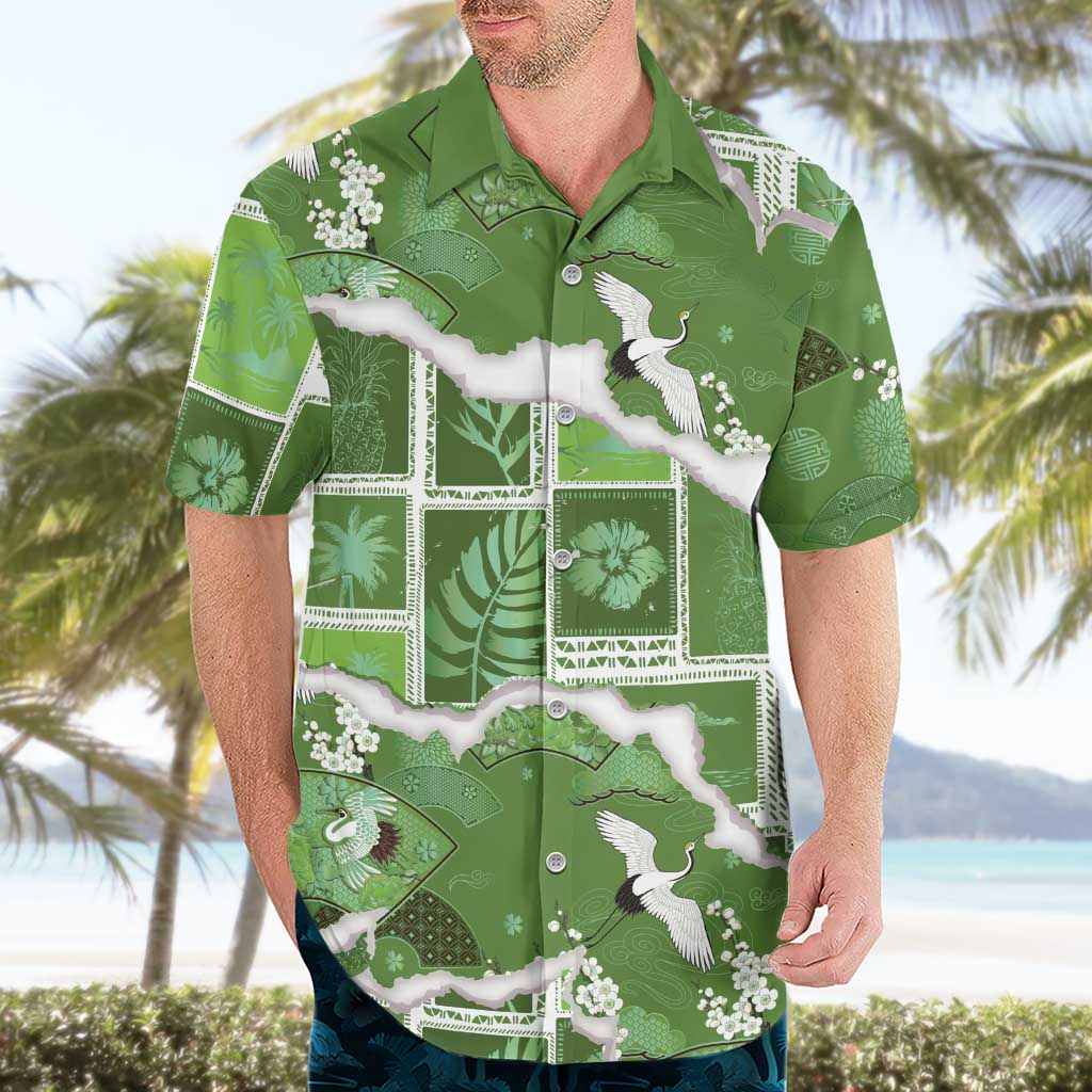 Hawaii Japanese Culture Sage Green Hawaiian Shirt Spring Cranes Aloha Pattern