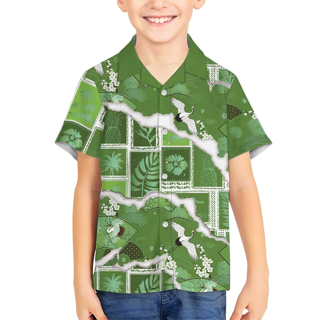 Hawaii Japanese Culture Sage Green Hawaiian Shirt Spring Cranes Aloha Pattern