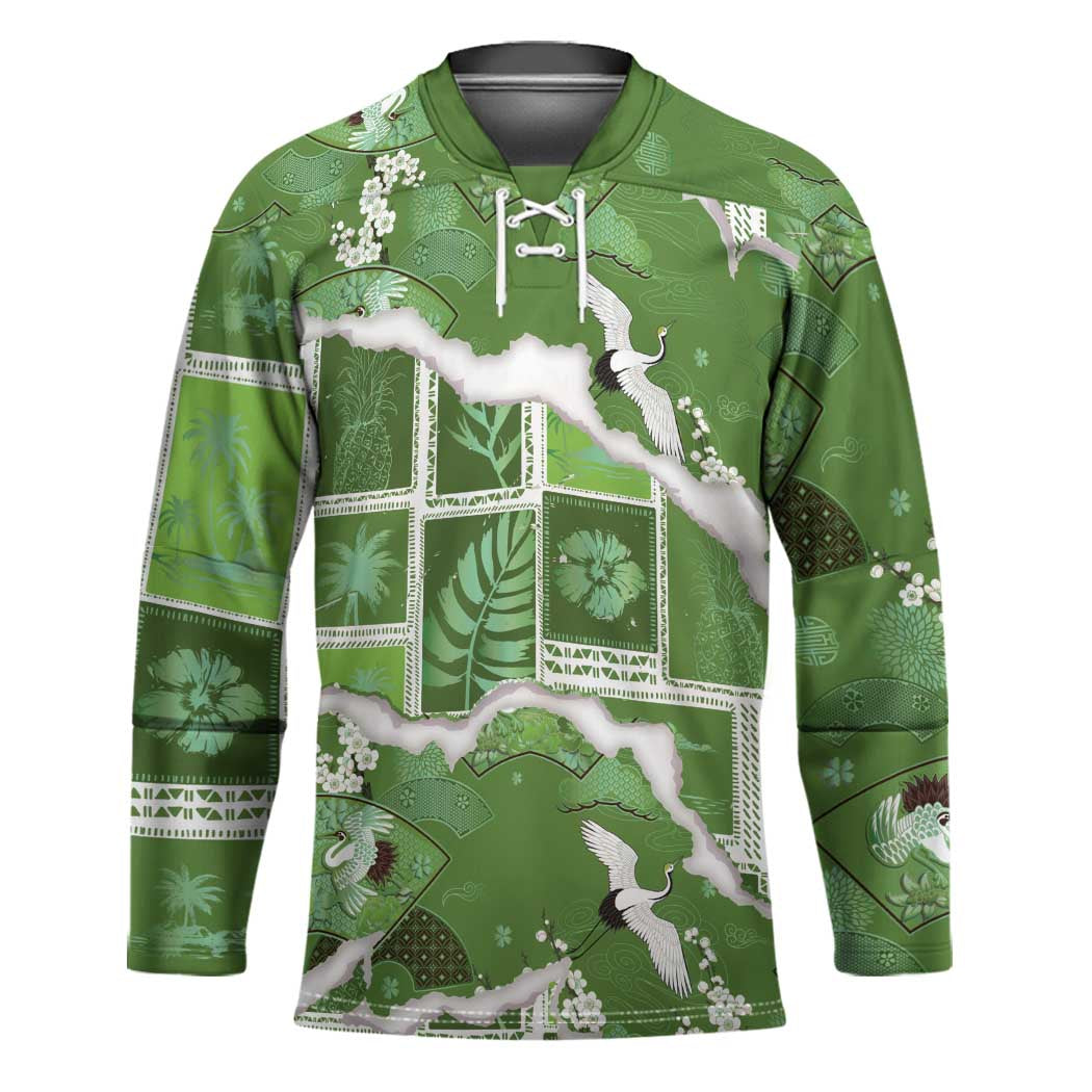 Hawaii Japanese Culture Sage Green Hockey Jersey Spring Cranes Aloha Pattern LT01 Unisex Sage - Polynesian Pride