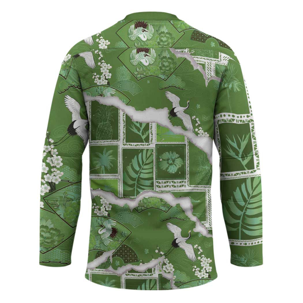 Hawaii Japanese Culture Sage Green Hockey Jersey Spring Cranes Aloha Pattern LT01 - Polynesian Pride