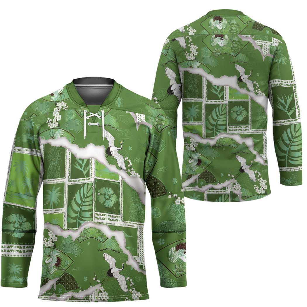 Hawaii Japanese Culture Sage Green Hockey Jersey Spring Cranes Aloha Pattern LT01 - Polynesian Pride