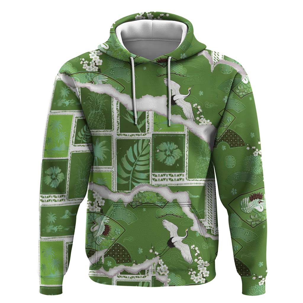 Hawaii Japanese Culture Sage Green Hoodie Spring Cranes Aloha Pattern