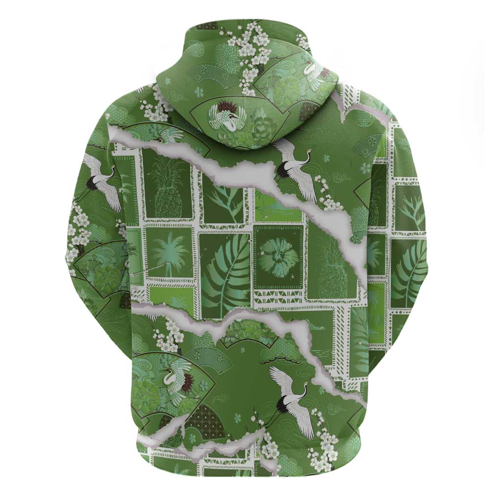 Hawaii Japanese Culture Sage Green Hoodie Spring Cranes Aloha Pattern